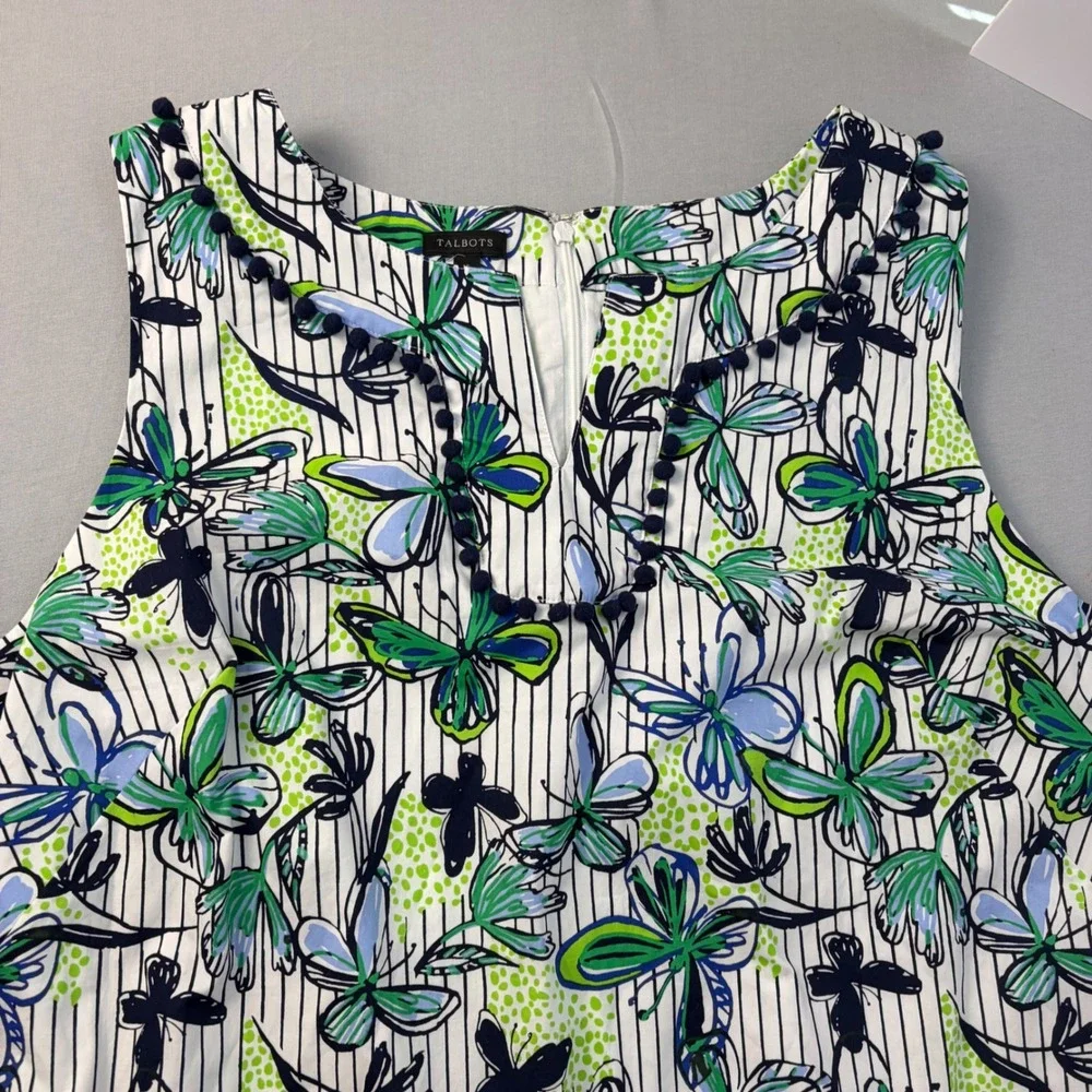 Talbots Womens Butterfly Floral Pinstripe‎ Cotton Shift Dress Pom Pom Trim Sz 16